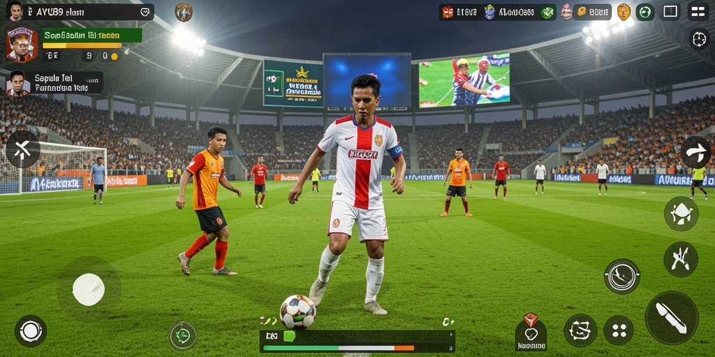 Tampilan gameplay AYU89 dengan aksi sepak bola yang mendebarkan.