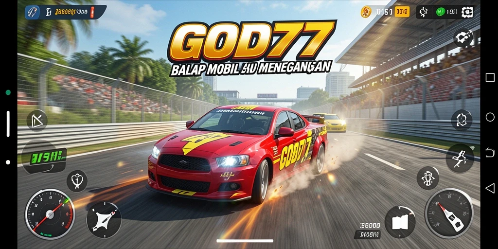 Screenshot gameplay GOD77 menampilkan balapan mobil yang seru dan menegangkan.