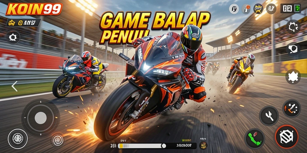 Screenshot gameplay KOIN99 menampilkan aksi balap motor yang seru.
