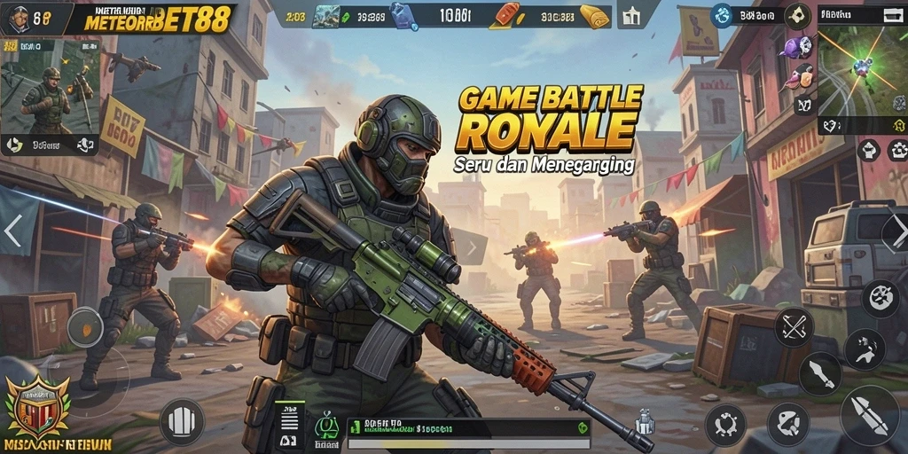 Tangkapan layar gameplay METEORBET88 menampilkan aksi Battle Royale yang mendebarkan.