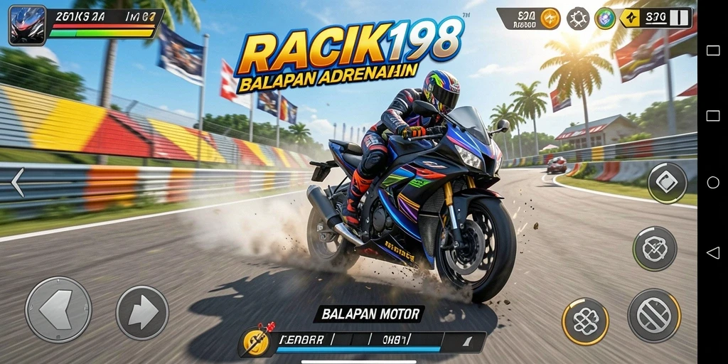 Screenshot utama RACIK198 menampilkan keseruan balapan motor yang intens.