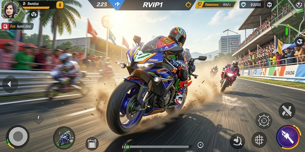 Tampilan gameplay RVIP1 dengan motor yang melintas cepat di trek balapan.